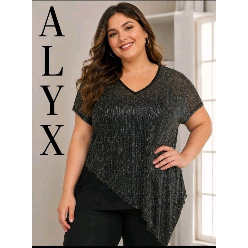 NWT ALYX Womens 0X Wedding Church Sparkle Metallic Overlay Knit Tank Top Black